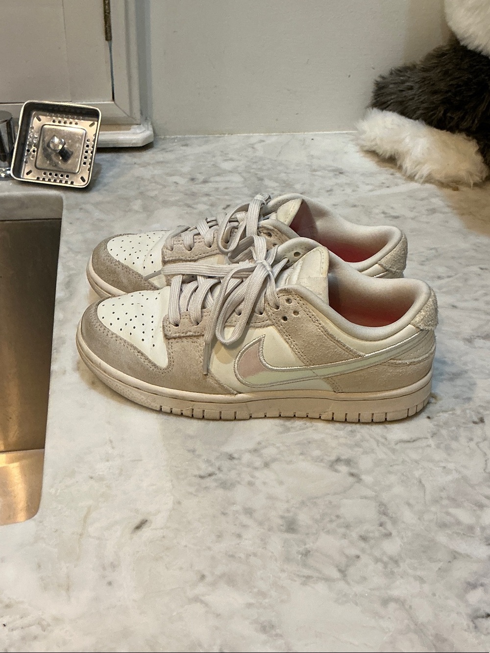 Nike Dunk Low “Silver Swoosh” / Sail Light Bone Metallic Silver (Women’s).